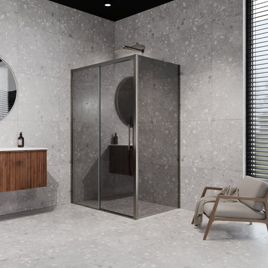 Balmani Senses Design douche d'angle avec porte coulissante à gauche et paroi latérale fixe, 160 x 100 cm, Verre miroir reflex, Profil Brushed GunMetal