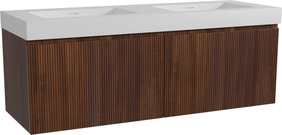 Storke Ribs zwevend badmeubel 150 x 52 cm notenhout met Mata High dubbele wastafel in solid surface mat wit, Verticale symmetrische rechte ribbel
