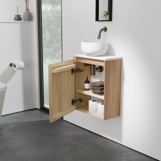 Balmani Mitra zwevend toiletmeubel 42 x 21 cm natuur eik met Facetta tablet en Jazz waskom in matte Solid Surface