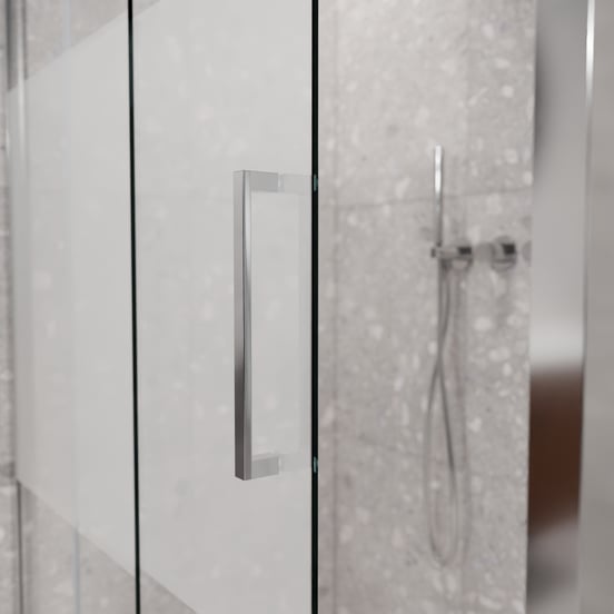 Balmani Senses Design douchehoek met linkse schuifdeur en vaste zijwand, 160 x 100 cm, Helder glas met matte strook, Glanzend chroom profielen