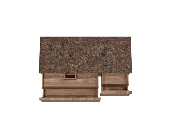 Balmani Forma zwevend badmeubel 135 x 55 cm amerikaans notenhout met Stretto enkel of dubbel wastafelblad in marmer dark emperador, Verticale asymmetrische ronde ribbel