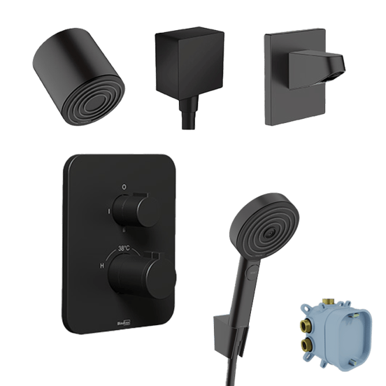 Blaufoss Smartbox Softline robinet thermostatique Colonne de douche de pluie encastré avec douche de tête 10.5cm Noir Mat