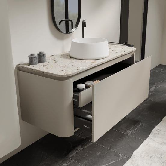 Balmani Moon meuble salle de bains suspendu 130 x 55 cm soie grise avec Moon tablette simple ou double en terrazzo greige terrazzo