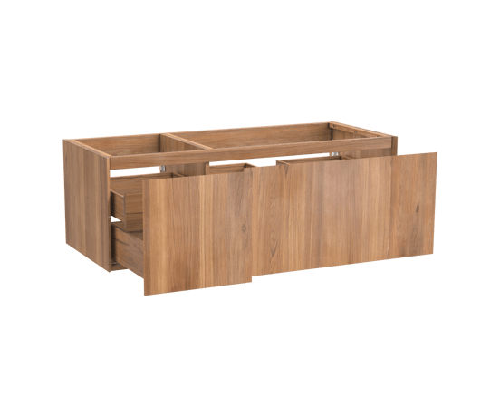 Balmani Idra hängender Waschbeckenunterschrank: 135 x 55 cm, asymmetrisch rechts, Teak, 4 Schubladen