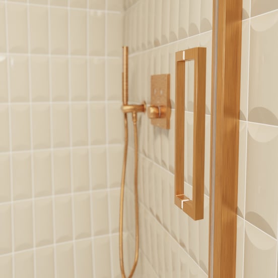 Balmani Senses Design Dusche Schiebetür, umkehrbar, 160 cm x 210 cm, Klarglas, Profil Brushed Rosegold, inklusive Coating