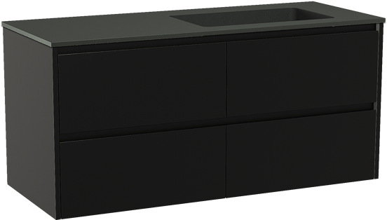 Storke Seda zwevend badmeubel 130 x 52 cm mat zwart met Scuro asymmetrisch rechtse wastafel in kwarts mat zwart
