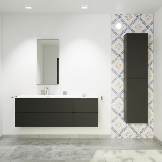 Storke Edge zwevend badmeubel 150 x 52 cm mat zwart met Mata asymmetrisch linkse wastafel in solid surface mat wit