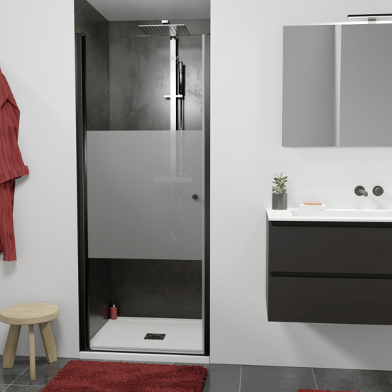 Luca Varess Kuresa douche draaideur 85 x 200 cm helder glas met matte strook mat zwart profiel