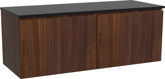 Storke Ribs zwevend badmeubel 130 x 52 cm notenhout met Panton enkel of dubbel wastafelblad in gepoedercoate mdf mat zwart, Verticale symmetrische rechte ribbel