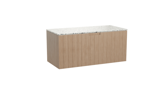 Balmani Adagio zwevend badmeubel 120 x 55 cm verweerd eiken met Stretto enkel of dubbel wastafelblad in mat wit/zwart terrazzo