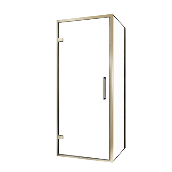 Balmani Senses Design Eckdusche: Drehtür (Links) mit fixierte Seitenwand, 90 x 70 cm, Klarglas, Profil Brushed Champagner Gold, inklusive Coating