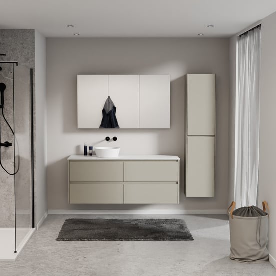 Storke Seda zwevend badmeubel 150 x 52 cm zijdegrijs met Tavola enkel of dubbel wastafelblad in solid surface mat wit