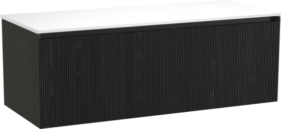 Balmani Fila zwevend badmeubel 135 x 55 cm zwart eiken met Stretto enkel of dubbel wastafelblad in solid surface mat wit, Verticale symmetrische rechte ribbel