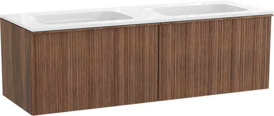 Balmani Forma hängendes Möbelstück Set: 150 x 55 cm, Amerikanischer Nussbaum, mit Tablo Strada Doppelwaschtisch, Marmorkomposit, Weiß glänzend, Vertikale asymmetrische Runde Rippe