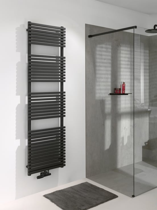 Vipera Vesuvio enkele handdoekradiator 50 x 180 cm elektrische verwarming mat zwart zij- en middenaansluiting 1.205W, weerstand inbegrepen