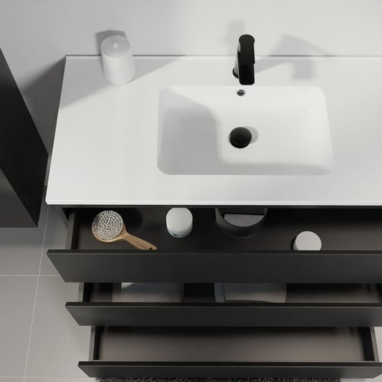 Linie Lado staand badmeubel 80 x 46 cm mat zwart met Vano enkele wastafel in composietmarmer mat wit