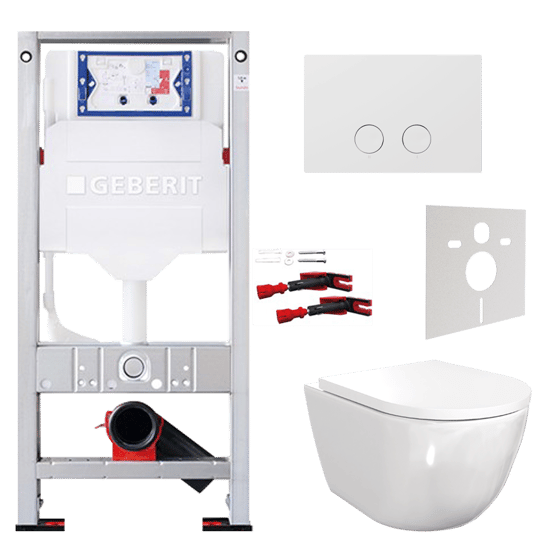 WC Set: Luca Varess Moreno Hänge WC, Weiß glänzend, spülrandlos, Burda Element für Wand-WC mit Geberit Sigma UP320 Spülkasten und Luca Varess Betätigungsplatte