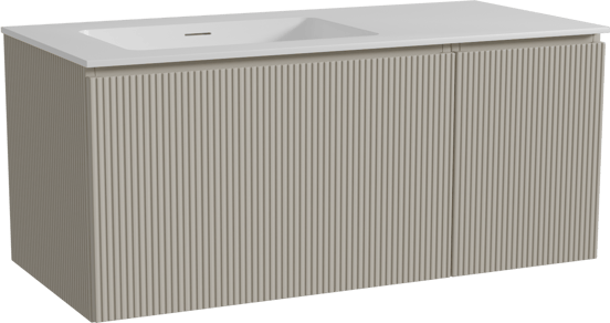 Storke Ribs meuble salle de bains suspendu 110 x 52 cm soie grise avec Mata plan vasque asymétrique à gauche en solid surface blanc mat, Nervure droite symétrique verticale