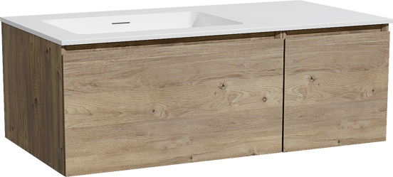 Storke Edge zwevend badmeubel 100 x 52 cm ruw eiken met Mata asymmetrisch linkse wastafel in solid surface mat wit