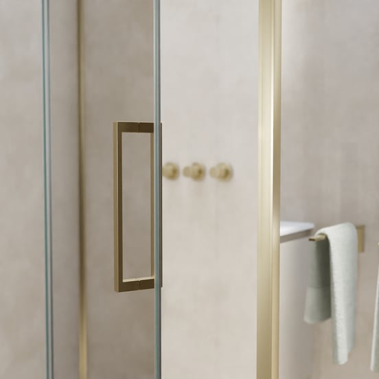 Balmani Senses Design douche en coin avec porte pivotante à gauche et paroi latérale fixe, 140 x 70 cm, Verre transparent, Profil Brushed Champagne Gold, coating inclus