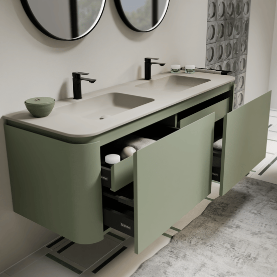 Balmani Moon zwevend badkamermeubel 160 x 55 cm saliegroen met Moon dubbele wastafel in top solid zijdegrijs