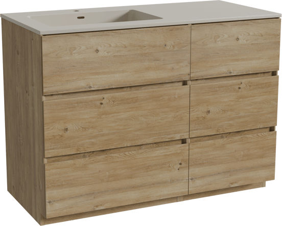 Storke Edge staand badmeubel 110 x 52 cm ruw eiken met Diva asymmetrisch linkse wastafel in top solid zijdegrijs