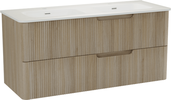 Linie Curvo meuble salle de bains suspendu 120 x 46 cm chêne clair avec Baro Curvo double vasque en porcelaine blanc brillant, Nervure circulaire symétrique verticale