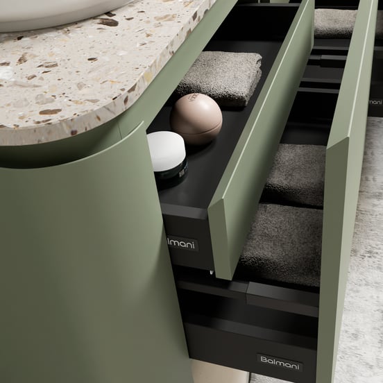 Balmani Moon zwevend badkamermeubel 160 x 55 cm saliegroen met Moon enkel of dubbel tablet in terrazzo greige terrazzo