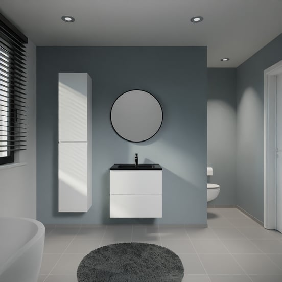 Linie Lado zwevend badmeubel 60 x 46 cm mat wit met Vano enkele wastafel in composietmarmer mat zwart