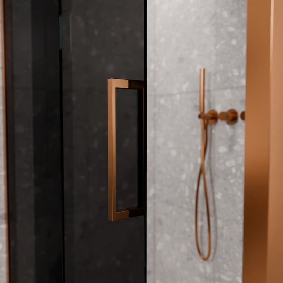 Balmani Senses Design douche d'angle avec porte coulissante à gauche et paroi latérale fixe, 160 x 90 cm, Verre fumé, Profil Brushed Rosegold