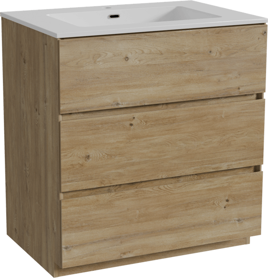 Storke Edge freistehendes Möbelstück Set: 75 x 52 cm, Rohe Eiche, mit Diva Einzelwaschtisch, Marmorkomposit Weiß glänzend