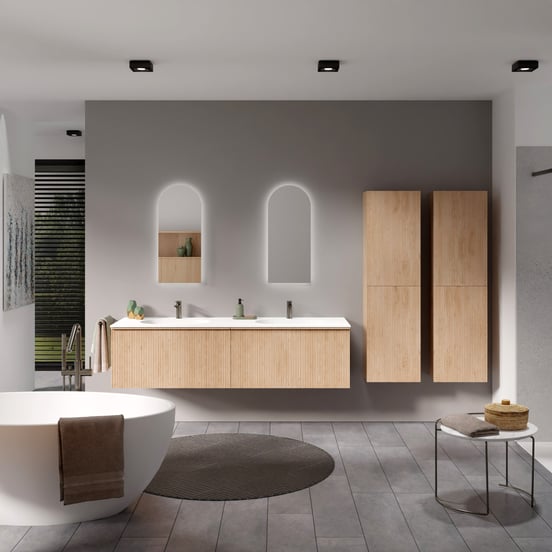 Balmani Forma hängendes Möbelstück Set: 180 x 55 cm, Naturbelassene Eiche, mit Tablo Oval Doppelwaschtisch, Solid Surface, Weiß matt, Vertikale symmetrische gerade Rippe