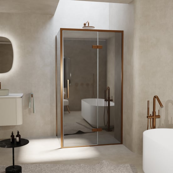 Balmani Senses Design douchecabine met rechtse draaideur en vaste zijwand, 100 x 100 cm, Reflex spiegelglas, Brushed Rosegold profielen