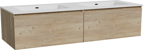 Storke Edge zwevend badmeubel 150 x 52 cm ruw eiken met Diva dubbele wastafel in composietmarmer hoogglans wit