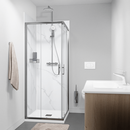 Linie Cadiz coin douche avec entrée d'angle avec double porte coulissante 80 x 80 cm Verre transparent profil chrome brossé