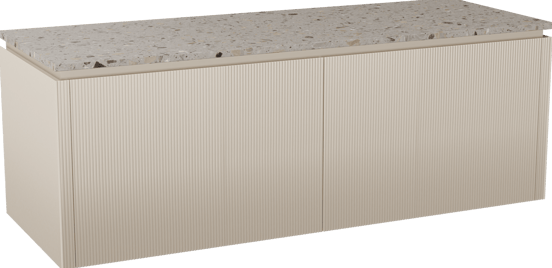 Balmani Eclips zwevend badmeubel 150 x 55 cm Sandbeige met Stretto enkel of dubbel wastafelblad in Greige terrazzo, Verticale symmetrische rechte ribbel