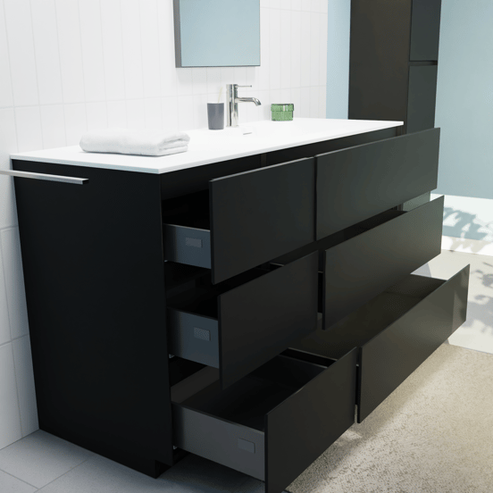 Storke Edge staand badmeubel 140 x 52 cm mat zwart met Mata asymmetrisch rechtse wastafel in solid surface mat wit