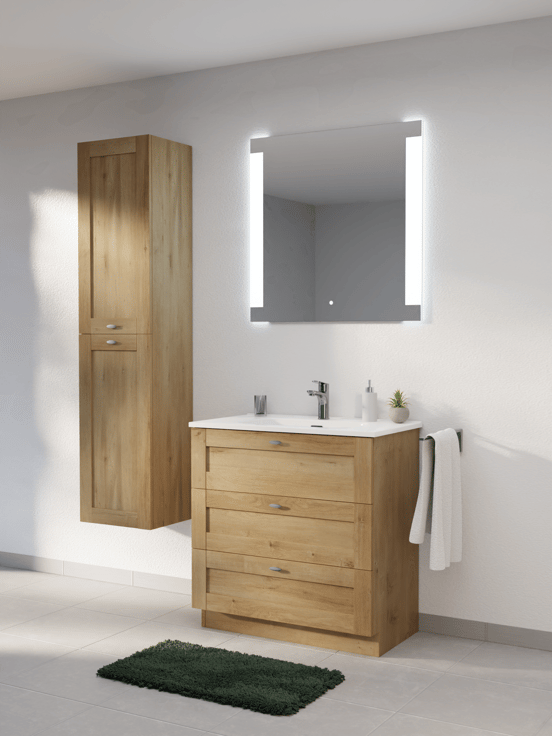 Linie Classo staand badmeubel 80 x 46 cm naturel eiken met Baro enkele wastafel in porselein hoogglans wit