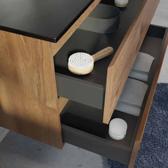 Linie Lado meuble salle de bains suspendu 70 x 46 cm chêne brun avec Baro plan simple en porcelaine noir mat