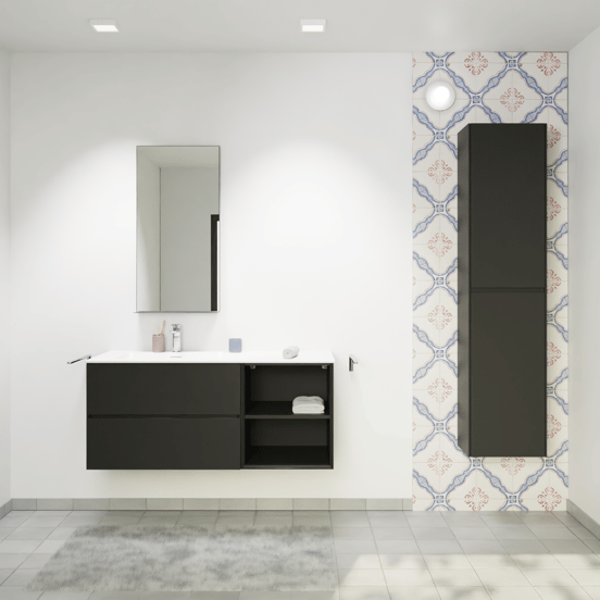 Storke Edge hängendes Möbelstück Set: 120 x 52 cm, Schwarz matt, mit Mata Waschtisch links, Solid Surface Weiß matt