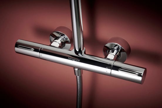 Hansgrohe Raindance Alive S Puro Showerpipe Duschsystem 300 1jet mit Ecostat Element Thermostat, Chrom Glänzend