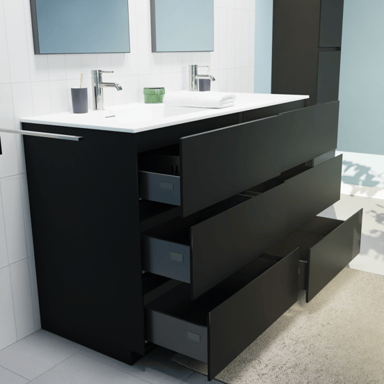 Storke Edge meuble salle de bains à poser 130 x 52 cm noir mat avec Mata double vasque en solid surface blanc mat