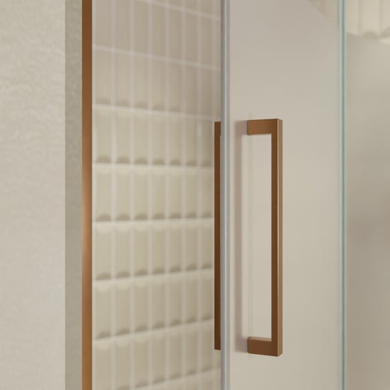 Balmani Senses Design Dusche Drehtür, Rechts, 140 cm x 210 cm, Klarglas mit mattiertem Streifen, Profil Brushed Rosegold