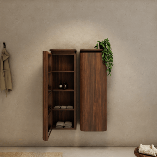 Balmani Moon Badhochschrank: Hängend, rechts, Amerikanischer Nussbaum, 44 x 32 x 130 cm