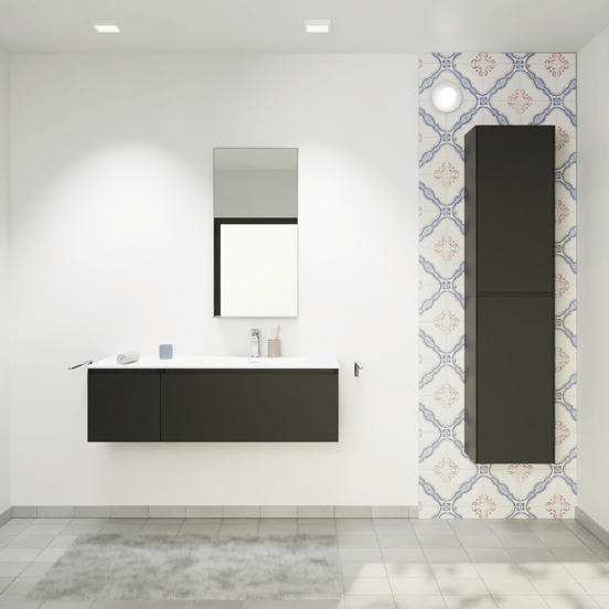 Storke Edge zwevend badmeubel 120 x 52 cm mat zwart met Mata asymmetrisch rechtse wastafel in solid surface mat wit