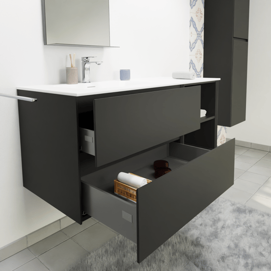 Storke Edge hängendes Möbelstück Set: 120 x 52 cm, Schwarz matt, mit Mata Waschtisch links, Solid Surface Weiß matt