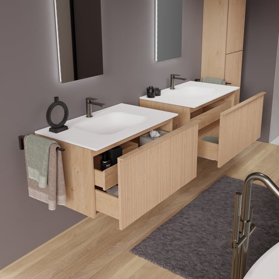 Balmani Forma zwevend badmeubel 90 x 55 cm naturel eiken met Tablo Arcato enkele wastafel in solid surface mat wit, Verticale asymmetrische ronde ribbel