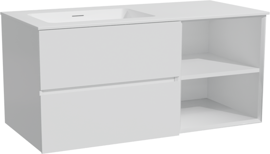 Storke Edge zwevend badmeubel 110 x 52 cm mat wit met Mata asymmetrisch linkse wastafel in solid surface mat wit