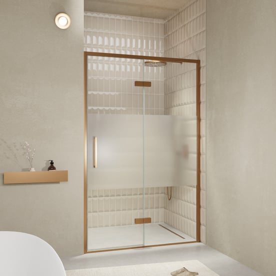 Balmani Senses Design Dusche Drehtür, Rechts, 140 cm x 210 cm, Klarglas mit mattiertem Streifen, Profil Brushed Rosegold