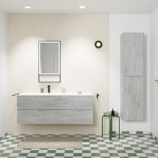 Storke Edge zwevend badmeubel 140 x 52 cm beton donkergrijs met Mata asymmetrisch linkse wastafel in solid surface mat wit